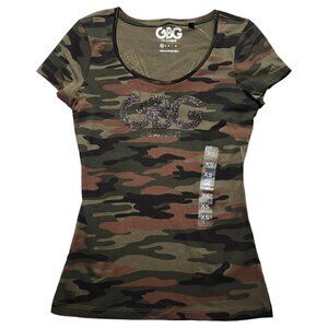 G by Guess Womens‎ Top Wings Sequined Glitter Camouflage Short Sleeve XS